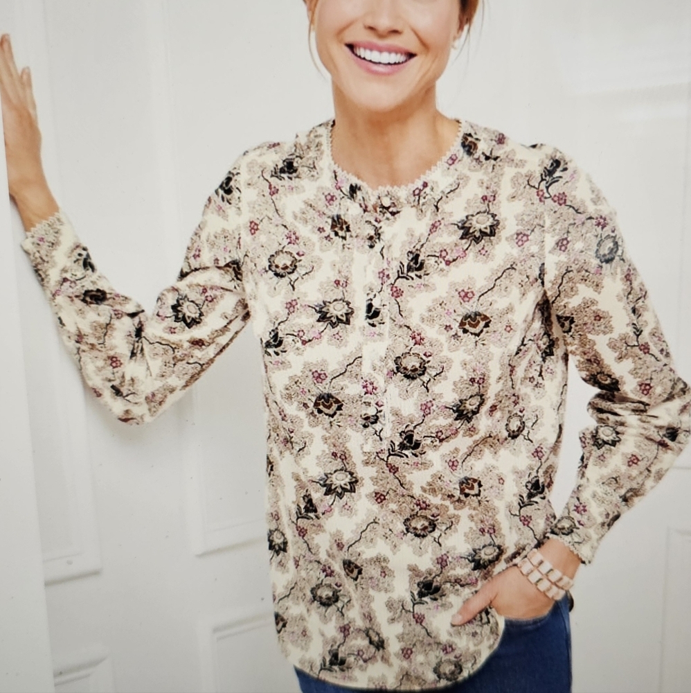 Talbots Lace Trim Top Decrative Floral Size Medium Ivory/Brown